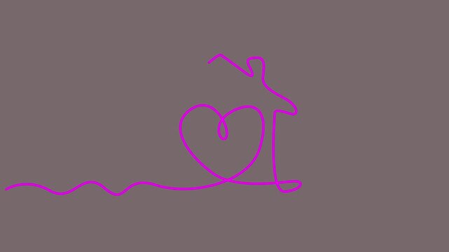 Continuous pink line art animation drawing of a house shape with a heart inside.