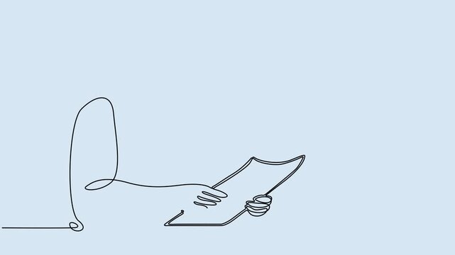 Continuous line art animation of engineers wearing hard hats reviewing blueprints and project plans together.