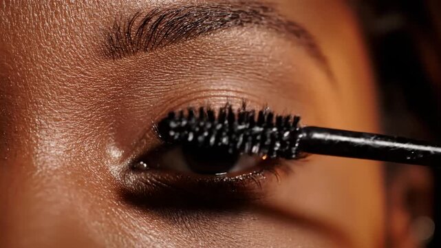 Close-up of a woman applying mascara to her eyelashes, enhancing her eye makeup.