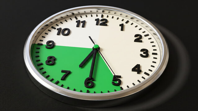 Wall clock with green and white split face, eight hours rest, 9 to 5 full time work