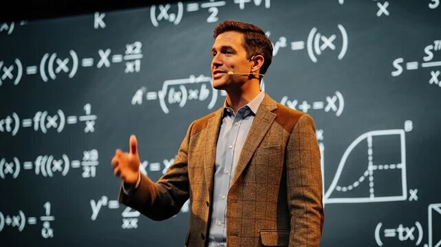 Middle-aged man giving a presentation about mathematics in front of a chalkboard with formulas, representing education and academic success