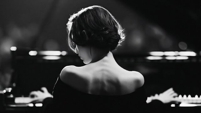 Elegant woman playing piano in black and white, focus on her back and shoulders