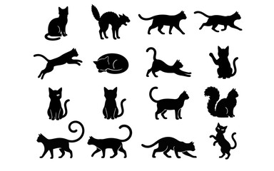 Obraz premium Black Cat Halloween Silhouette Icon Set in Black and White