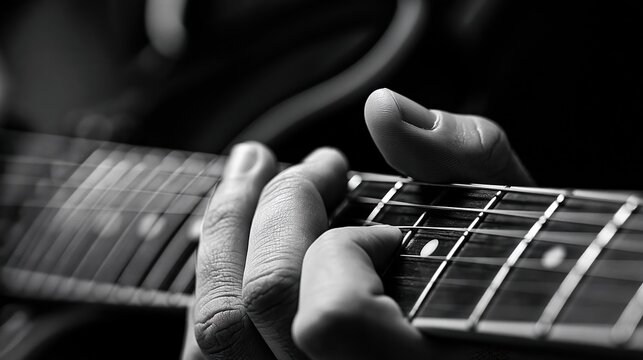 Close-up black and white shot of a person's fingers playing an electric guitar