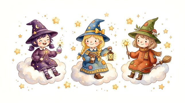 Three cute little witches sitting on clouds with magic wands, a book, a lantern, and a broomstick, isolated on white background