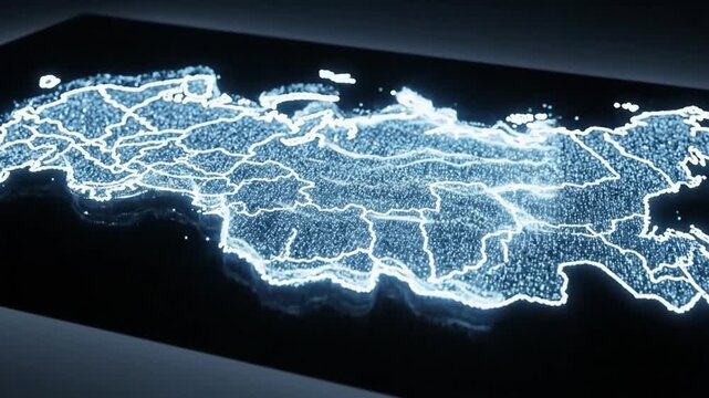 Digital glowing map of Russia with administrative borders on black background representing modern technology