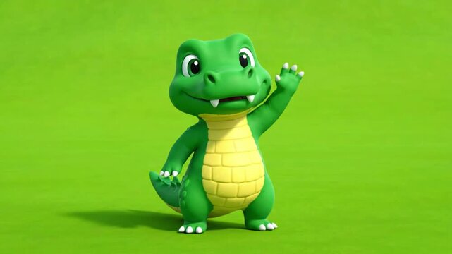 Cute Cartoon Crocodile Waving Hand on Green Screen Background. 4K Video