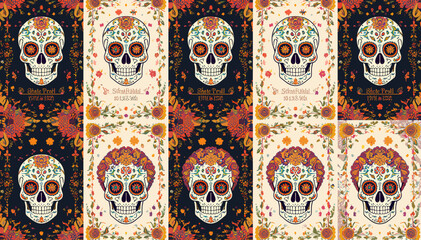 Fototapeta premium A vibrant collage of Day of the Dead sugar skulls adorned with intricate floral patterns and traditional Mexican motifs, celebrating Dia de los Muertos.