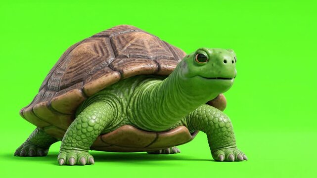 Realistic Tortoise Turtle Walking on Green Screen Background. 4K Video