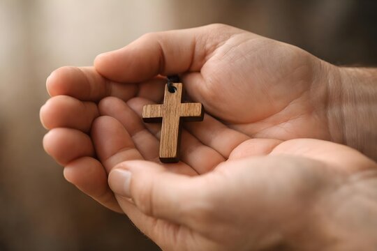 Hand holding a small wooden cross representing Christian faith, prayer, devotion and personal belief