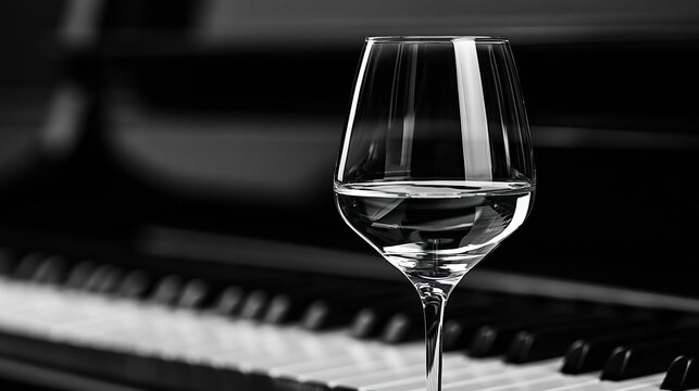 Elegant wine glass filled with clear liquid rests on piano keys