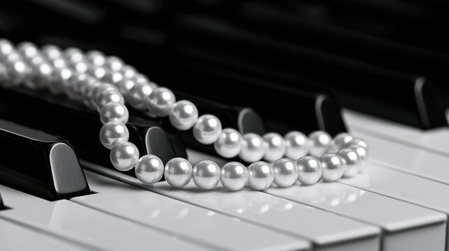 Elegant pearl necklace draped across black and white piano keys