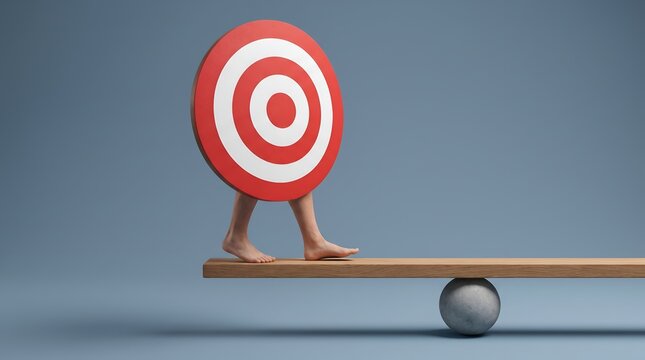 Strategic Balance Concept Showing Target Character with Bare Feet Navigating Seesaw for Goal Achievement