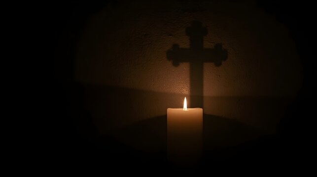 Wooden cross illuminated by a glowing candle in a dark peaceful setting representing Christian prayer and hope