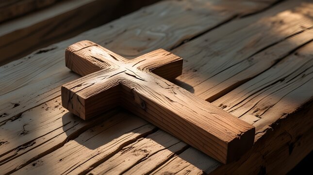 Wooden cross resting on an open Bible with warm natural light symbolizing Christian faith, scripture and devotion