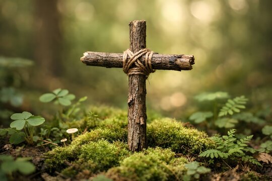 Rustic wooden cross standing among green foliage in soft natural light representing Christian faith and hope