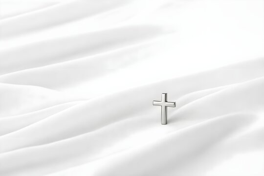 Simple wooden cross resting on soft white fabric in a bright minimalist Christian faith composition