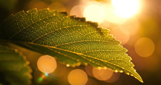 Closeup of a vibrant green leaf backlit by the warm golden sun with beautiful bokeh light circles in the background. 4K Video