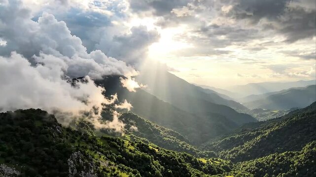 Sunbeams Shining Through Storm Clouds Over Lush Green Mountains
