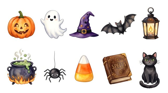 Set of cute watercolor halloween illustrations featuring pumpkin, ghost, witch hat, bat, lantern, cauldron, spider, candy corn, spell book, black cat isolated on white background