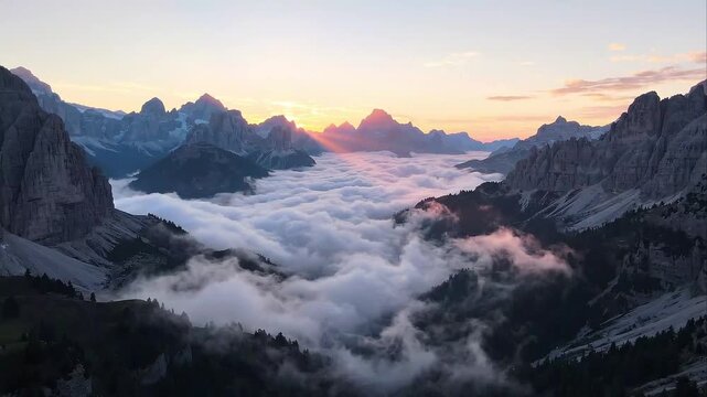 Aerial Sunrise View Over Cloud-Covered Mountain Valley