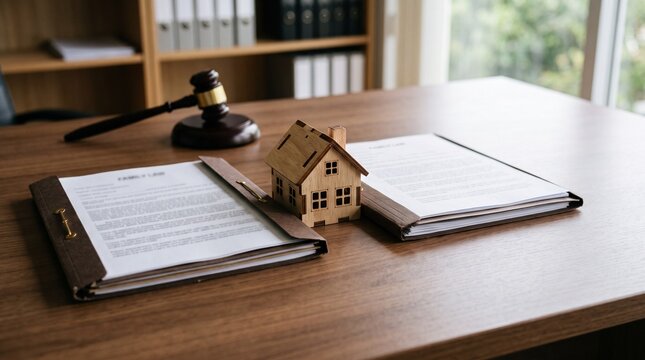 A wooden gavel and legal documents placed on a desk representing a court divorce settlement regarding property and assets