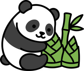 Cute cartoon panda bear hugging bamboo stalk, simple illustration, white background © Han