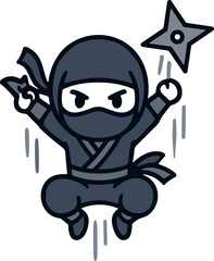 Cute cartoon ninja warrior jumping with shuriken stars, action pose, isolated on white © Han