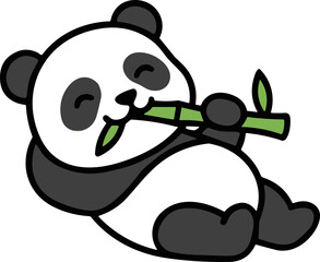 Cute cartoon panda eating bamboo, lying down, smiling, simple illustration © Han