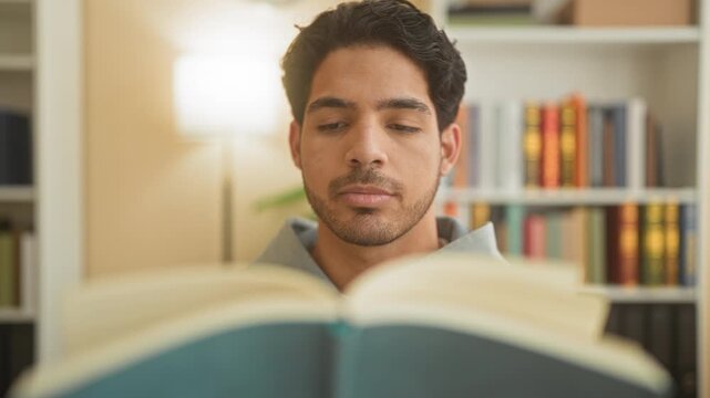 Young man reading a large open book, eyes lowered and holding pages, seated in a study building with bookshelves and a lamp visible; quiet concentration.