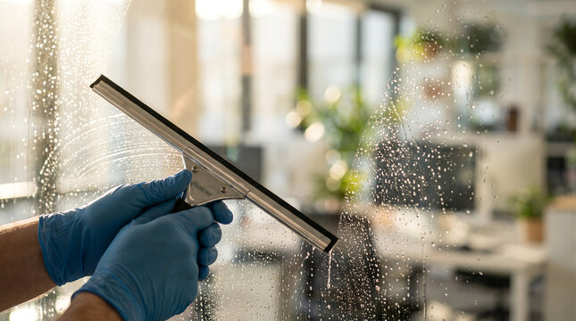 Window washer in protective gloves, with rubber blade wiping soapy water, cleaning interior glass partition, in bright office interior, service photography