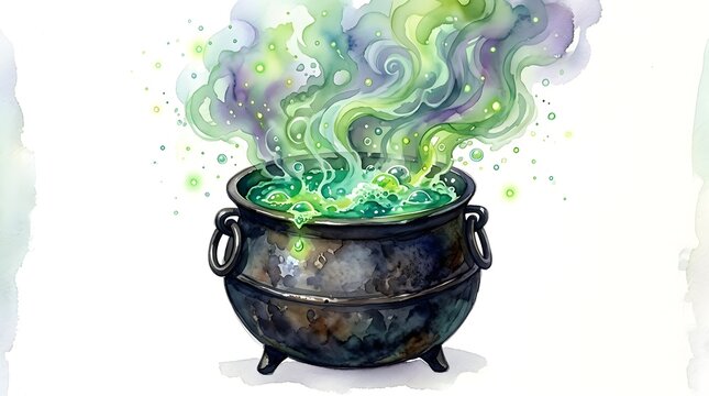 Watercolor illustration of a black witch cauldron with bubbling green magic potion and mystical smoke isolated on white background