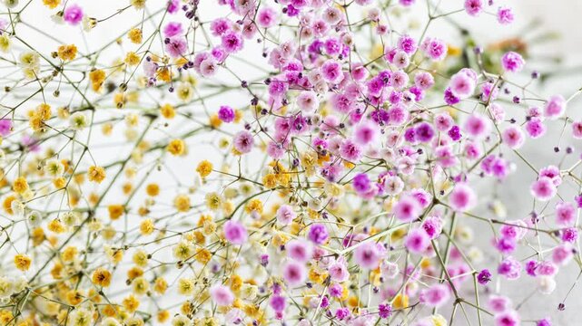 Delicate baby's breath flowers blooming in pink and yellow tones creating soft floral elegance