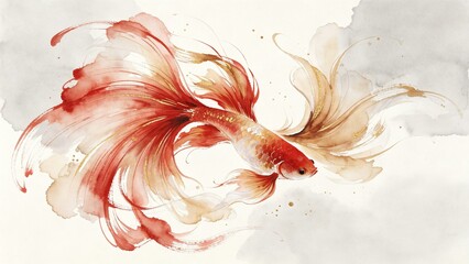 Fototapeta premium Graceful Red Koi Fish with Flowing Fins in Minimal Watercolor Painting