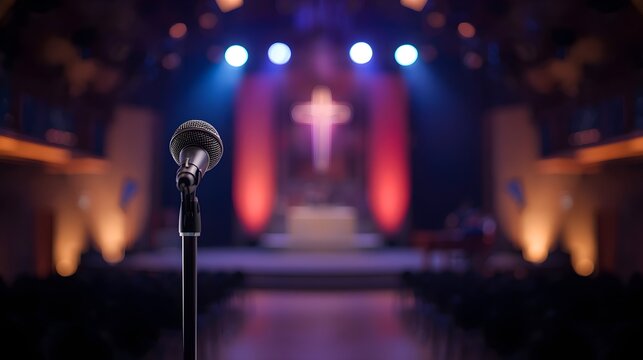Worship microphone in focus with a softly blurred illuminated cross on a church stage