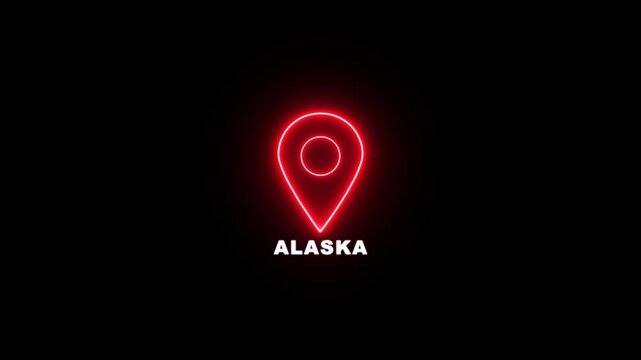 Red neon location pin icon with the text ALASKA , Country GPS location tracking icon. map pointer navigation and place tracker icon.