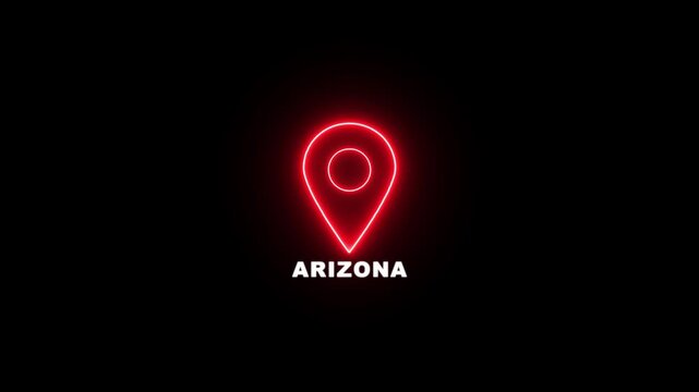 Red neon location pin icon with the text ARIZONA , Country GPS location tracking icon. map pointer navigation and place tracker icon.