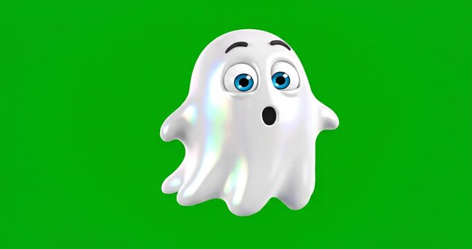 3D cartoon ghost character with a surprised expression isolated on green screen. 4K Video