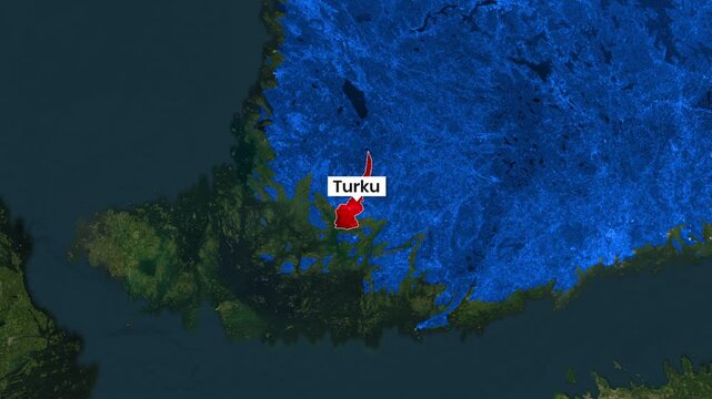 Animated satellite map footage showing Finland's Turku highlighted in red motion