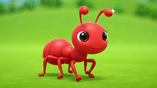 Cute Red Ant Character Standing on Green Grass Lawn. 4K Video
