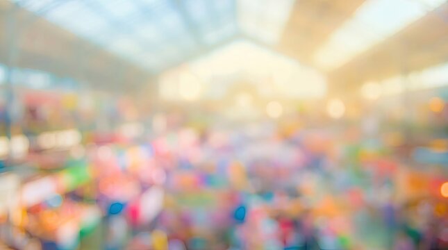 Abstract blurred background of a shopping mall interior with warm sunlight