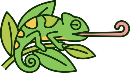 Green Chameleon with Tongue Out on Leafy Branch - Cartoon Style © hb
