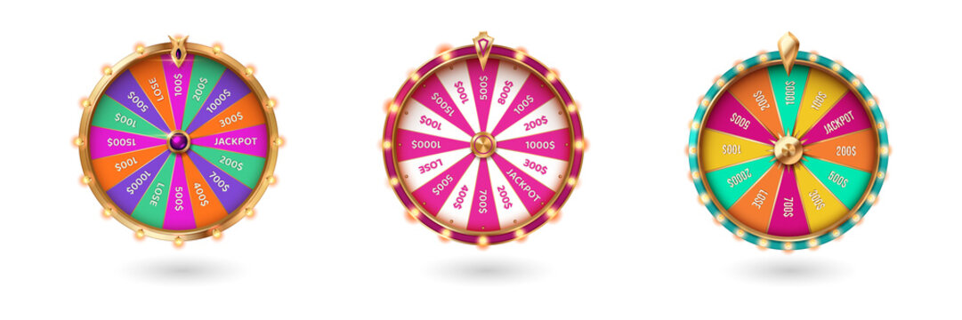 Vibrant spinning wheels of fortune for game show or casino on transparent background
