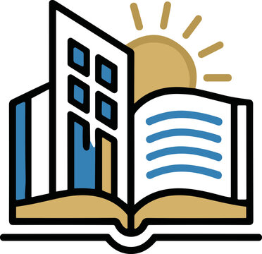 Modern Building and Open Book with Sun Symbolizing Education and Business Growth