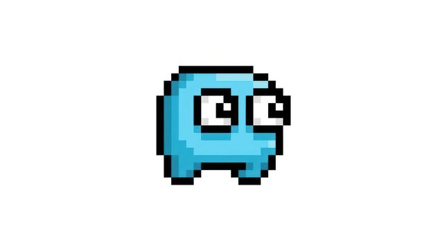 Cute pixel art blue cartoon character with big eyes, retro video game sprite design, isolated 8-bit creature graphic