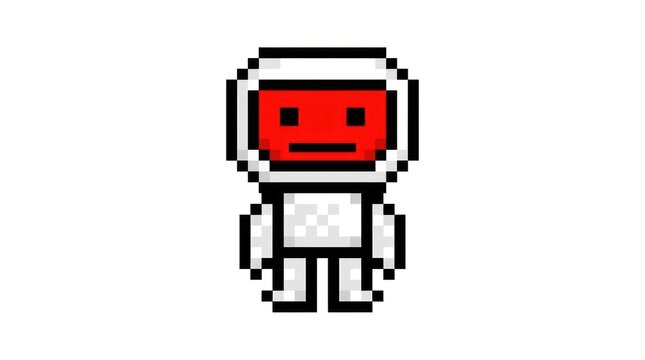 Retro pixel art astronaut character in white suit with red face, isolated on white background, 8-bit style video game graphic