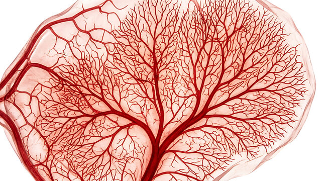 Microscopic Arterial Branching Network, Complex Capillary Tree Layout, Biological Red Vascular Lines, Detailed Circulatory System Mapping