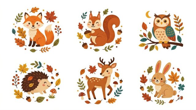 Set of Cute Watercolor Woodland Animals with Deer Fox Owl Squirrel and Hedgehog