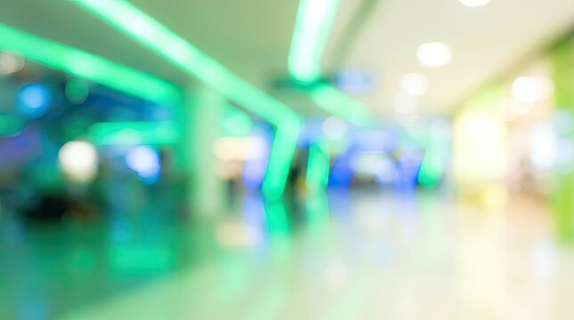 Abstract blurred shopping mall hallway with vibrant neon green lighting