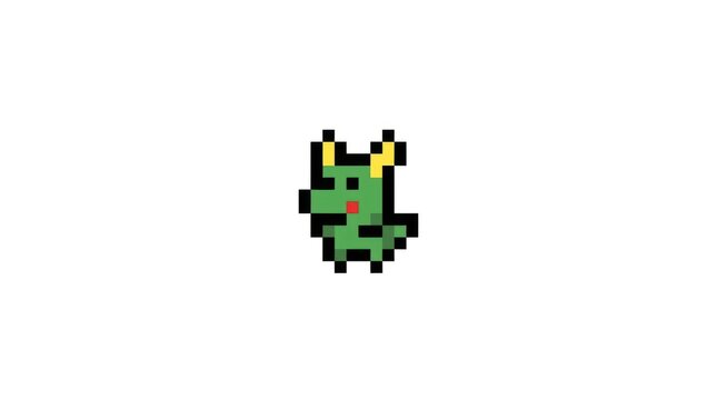Pixel art green dragon monster character with yellow horns and red tongue. Retro 8-bit video game style fantasy creature on white background.